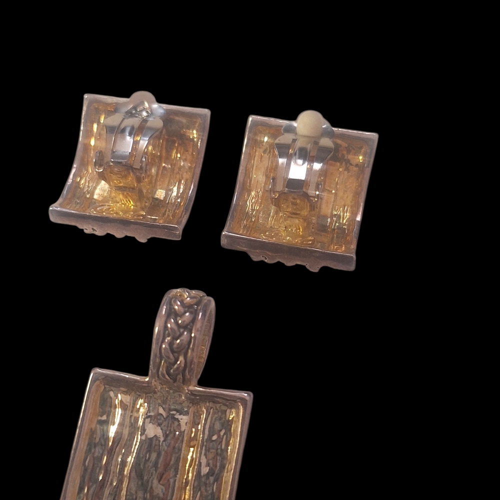Vintage Foxtail 1" Clip-on Earrings And Pendant 1.75" Set Stamped Best - Picture 5 of 6